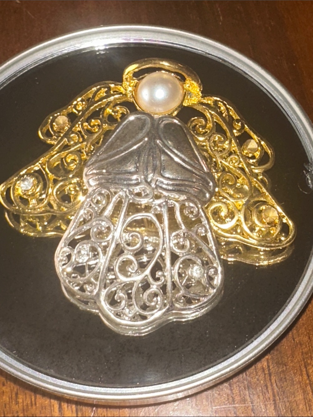 Gold & Silver Angel Filigree Brooch with Pearl Accent